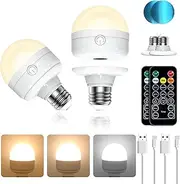 LUTW USB Rechargeable Light Bulb, 7W Dimmable and Detachable Battery Light Bulb E27, 3 Color Temperatures and Timmer Remote Control Light Bulb for Non Hardwired Lamps, Wall Sconces, Camping, 2 Pack