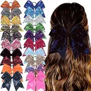 Women Girls Teens Sequins Hair Bows Elastic Hair Tie Ribbon Large Cheer Bow Ponytail Holder Hair Band (Deep Blue, One Size)