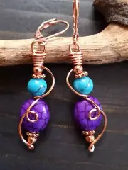 UNIQUE PURPLE HOWLITE BEAD/TURQUOISE HOWLITE/COPPER ACCENT/WIRE WRAP EARRINGS