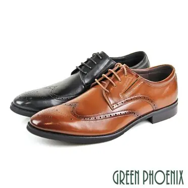 【GREEN PHOENIX】大尺碼-全真皮布洛克雷射雕花綁帶紳士皮鞋/商務皮鞋(男款)