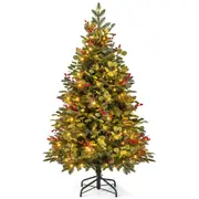 Costway Highland PE Slim Fir Christmas Tree w/LED Lights & Eucalyptus Leaves Xmas Decor Gift