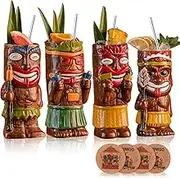 SUN GKOTTA Cocktail Tiki Mugs Set Of 4 - Exotic Mug With 4 Coasters And 4 Straws，Cute Ceramic Hawaiian Style Cocktail Glasses For Party And Tropical Tiki Bar，Mai Tai Drinkware (Glossy)