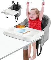 Portable High Chair for Baby - Folding Hook On Seat with 5-Point Safety Harness, Removable Tray and Storage Bag, Ideal for Young Children Eating and Feeding at Home and Travel (Grey)