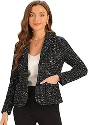 [Allegra K] Plaid Tweed Jacket for Women's Notch Lapel Button Elegant Long Sleeve Blazer Jackets, Black, XL