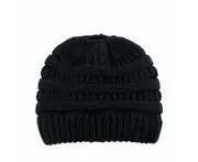 Ponytail Beanie Winter Stretch Cable Knit Hat - Black