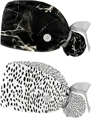 [YTYVAGT] 2-Pc,Nurse Scrub Caps,Scrub Hats with Buttons and Cotton Sweatband,Black Marble Background