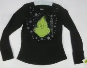 Dr Seuss "Grinch" Womens Sleepwear Top NWT Long Sleeve Black Sparkles Cotton Ble