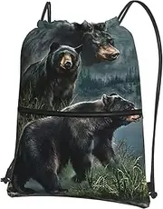 EdWal Black Bear Print Drawstring Backpack Gym Bags Sports Bags With Zipper Pocket For Travel Beach, Black, One Size