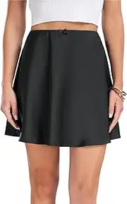 [NEXLOMOS] Women's Elastic High Waisted Satin Solid Color Casual Mini Skirts