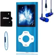 Blue MP3 Player 32GB Storage Voice Recorder FM Radio E-Book Support 10 Hours