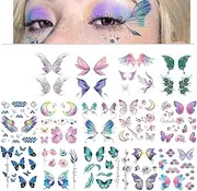 14 Sheets Glitter Butterfly Temporary Tattoos Sticker for Women Girls Eye Face Makeup Decoration, Flash Fairy Wings Body Art Shiny Butterflies Waterproof Fake Tattoos for Party Eye Decor