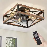 Caged Low Profile Ceiling Fans with Lights and Remote, Rustic Square Flush Mount