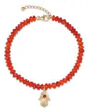 Bloomingdale's Fine Collection Garnet & Carnelian Bead Hamsa Hand Charm Bracelet in 14K Yellow Gold