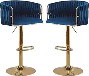 2X Blue Velvet Bar Stools, Height Adjustable 64-85cm, Golden Base, 360˚Swivel