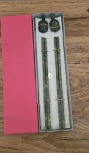 2 Pair Vintage Nephrite Spinach Natural Jade Chinese Chopsticks w/Turtle Rests