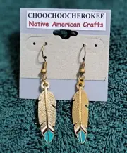 Handcrafted Native American Gold & Turquois Feather Earrings, Crafted in the USA