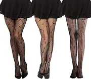 [KHDULQ] Fishnet Tights, 3 Stockings, Women's Sexy Stockings, Fishnet Stockings, Hold-Up, Spider Web, Skull, Black, Halloween, black, One size