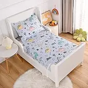 KWLOVER Soft Bed Fitted Sheet and Pillowcases Set,Dinosaur Printed Bed Sheets for Kids Boys (Light Blue(Dino), Twin)