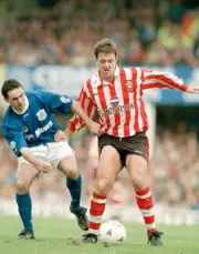 Matt Le Tissier of Southampton shields the ball from Paul Wood of - Old Photo