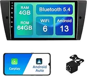 4+64G Android 13 Double Din Car Stereo for BMW 328i 335i 325i (E90/E91/E92/E93) 2005-2011 with 9-Inch Touchscreen Radio Built-in Wireless Carplay/Android Auto/GPS/Bluetooth/FM/Steering Wheel Control