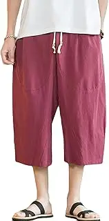 [Maiyifu-GJ] Mens Casual Cotton Linen Capri Pants Loose Drawstring Harem Yoga Short Pant Lightweight Elastic Waist Harem Pants