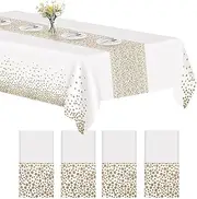 FYY 4 Pack Disposable Plastic Tablecloths, Table Runner Set Plastic Rectangle White Dot Tablecloths for Indoor or Outdoor Tables Parties Christmas Picnic Birthdays Thanksgiving and Weddings