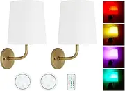 HEQIQEH Rustic Vintage Battery Operated RGB Wall Sconce Light Fixture with Remote Control, Flared Funnel Linen Fabric Shade Dimmable Nightstand Lamps for Bedroom Bedside, 2 Packs (Antique)