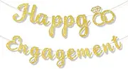 Happy Engagement Banner, Glitter Gold Congratulations Wedding Decorations Marriage Proposal Just Engaged Banner for Bride-To-Be Groom-To-Be Lovers Anniversary Party Supplies (Unassembled)