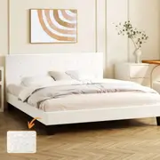 Oikiture Bed Frame King Size Bed Platform White Boucle
