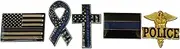 5-Piece Thin Blue Line Variety Distressed Ribbon, Cross, and Rectangle Lapel Pin or Hat Pin and Tie Tack Set with Clutch Back by Novel Merk, Medium, Metal Silver