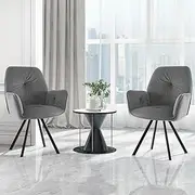 Giantex Upholstered Swivel Velvet Accent Chair Set of 2, Desk Chair No Wheels, Max Load 300 Lbs, Velvet Tufted Swivel Armchair with Metal Legs for Living Room Small Space Home Office Study (Gray)