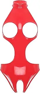 [Riismen] Women's Wet Look Leotard PVC Leather Exposed Breast Bodysuit Open Crotch Teddy Catsuit Clubwear