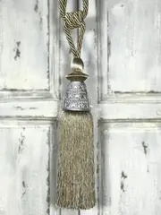 Pair 2 pieces Curtain Tie Backs - 32cm Tassel with Silver Metal Top - Silver Grey