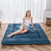 MAXYOYO Japanese Floor Mattress Futon Mattress, Thicken Tatami Mat Sleeping Pad Foldable Roll Up Mattress Dormitory Mattress Pad Floor Lounger Pillow Bed (Bluestone, King)