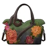 Leather Bags For Women Top Handle Retro Flower Pattern Handbags-Green