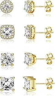 [Kakonia] Hypoallergenic Stud Earrings for Women Men - 925 Sterling Silver Earrings for Sensitive Ears - 6mm Cubic Zirconia Earrings Studs-18K Gold Plated Simulated Diamond CZ Halo Earrings 4Pairs