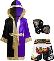 [FEESHOW] Kids Boys Boxing Costume Set Long Sleeve Boxing Robe + Boxing Gloves + Boxer Shorts Muay Thai Martial Arts Outfit