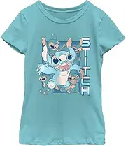 [Disney] Girl's Lilo & Stitch Blue Stitch Faces T-Shirt - Tahiti Blue - Small