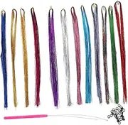 SHERCHPRY 1 Set Sparkly Hair Tinsel Strands Kit Fairy Hair Glitter Extensions with Clips Hook Needle Beads for Parties Festivals Daily Use