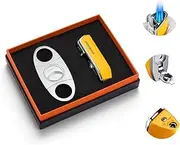 CIGARLOONG Cigar Cutter and Lighter Set Double Blade Simple Cigar Guillotine and 3 Jet Torch Blue Flames Refillable Lighter(Color:Yellow)