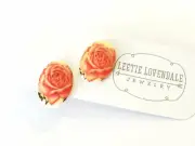 Salmon Pink Retro Vintage Lucite Cabbge Rose Oval Stud Earrings