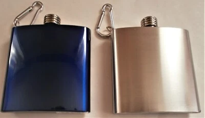 2 Flasks STAINLESS STEEL 1 Silver Steel & 1 Metallic Blue 6oz / Hook, New