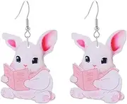[QRH] Acrylic Book Rabbit Earrings Cute Easter Bunny Drop Dangle Earrings Schoolbag Reading Rabbit Easter Basket Stuffers Back to School Teacher Student Jewelry