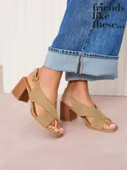 Friends Like These Neutral Standard Fit Mid Block Stacked Heel Cross Strap Faux Suede Sandals (AW2775) | $90