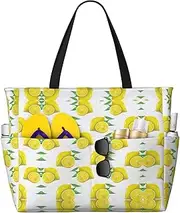 [Ghjkfbf] Yellow Lemon Print Large Capacity Beach Travel Bag For Family, Beach Tote Bag For Women With Zipper Pockets, Black, One Size
