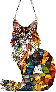 Window Sun Catcher, Longhair Cat Ornament, Stained Glass Look, Acrylic Cat Art, Cute Decoration for Garden, Home, Café, Wall, Window, 7.87 x 6.3 x 0.12 inches