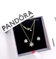 100% PANDORA 14k Gold P Sparkling Herbarium Necklace + Earring Gift Set B802280