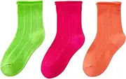 [XWANZI] Mid-Calf Socks for Kids Ribbed Cuffs Crew Socks Solid Mesh Knit Solid Cotton 3 Pairs