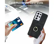 Full Protection Cover for Samsung Galaxy S21 Ultra, 2 Cards PU Leather Case with Ring Holder - Black