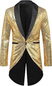 [SWJGLITTR] Mens Sequin Tailcoat Suit Jacket Slim Fit One Button Swallowtail Jacket Dinner Party Tuxedo Blazer Coat, Golden, XXL